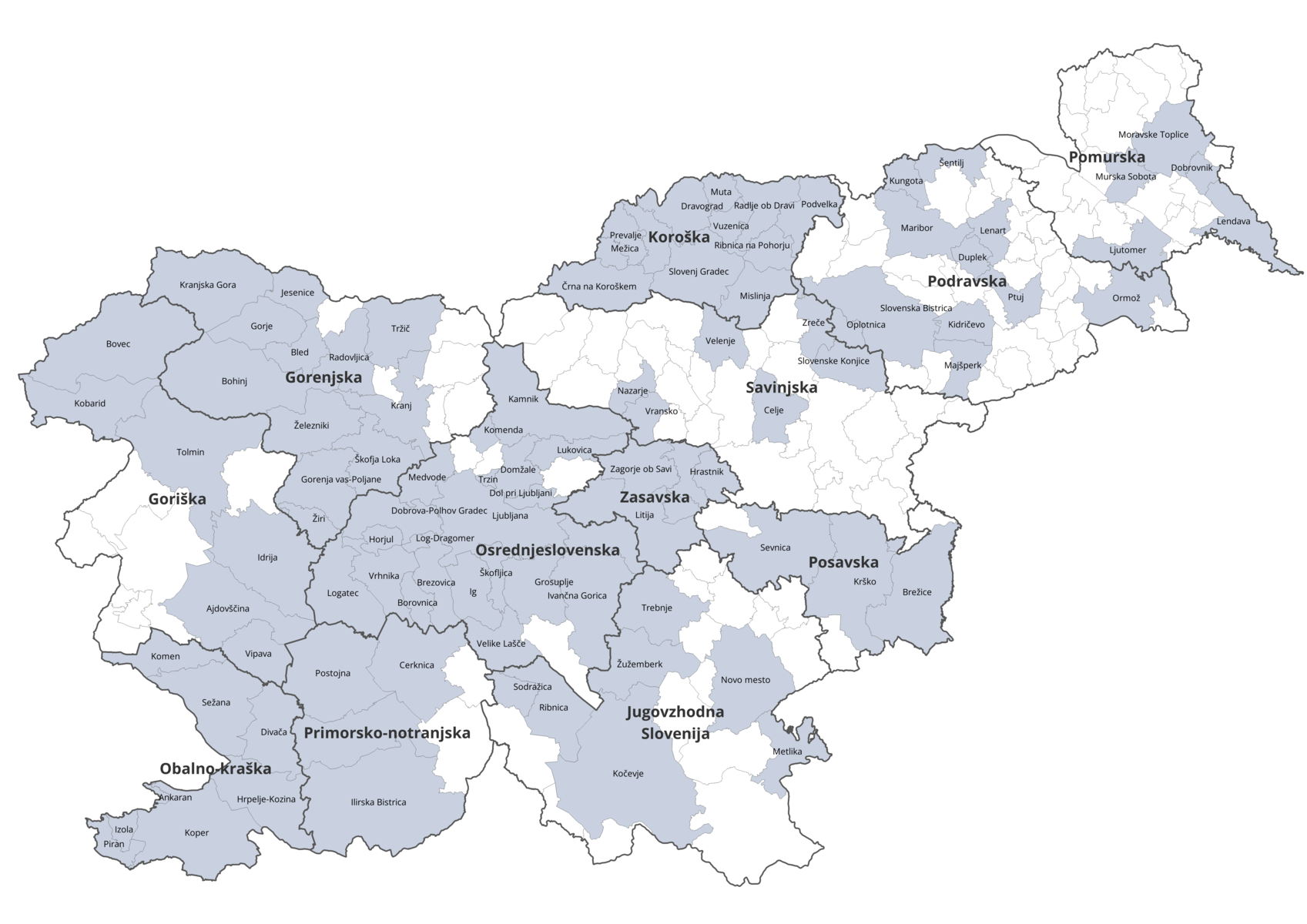 Prikaz v projekt vključenih občin na zemljevidu Slovenije